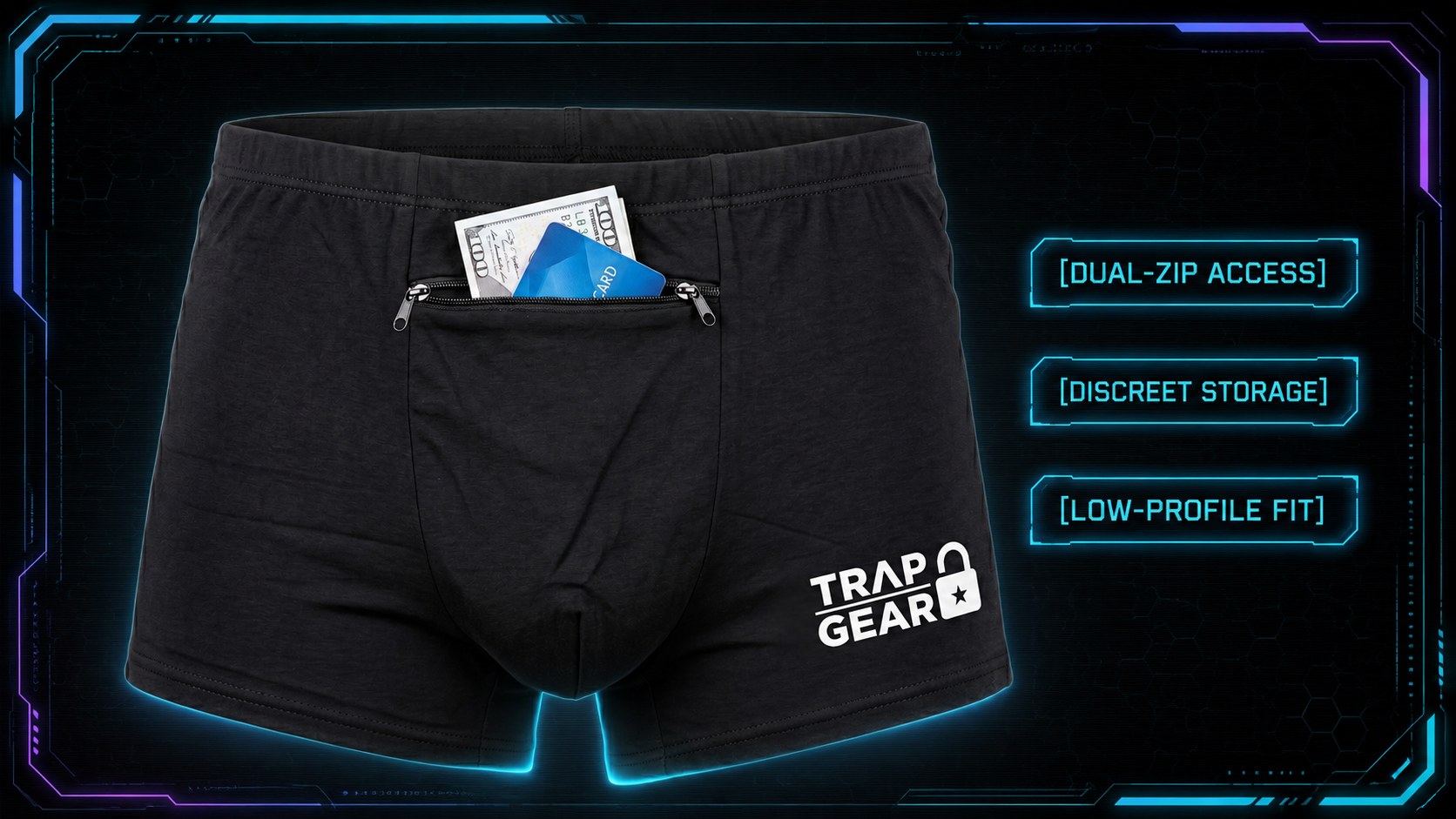 Front view showing cash and card inside the pocket