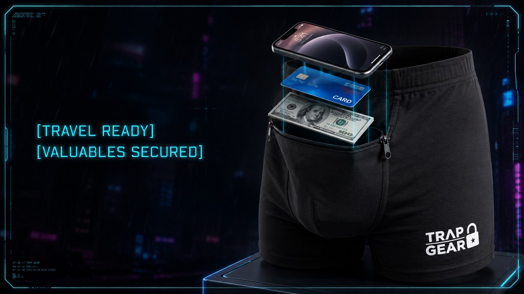 Phone, card and cash loading into the pocket