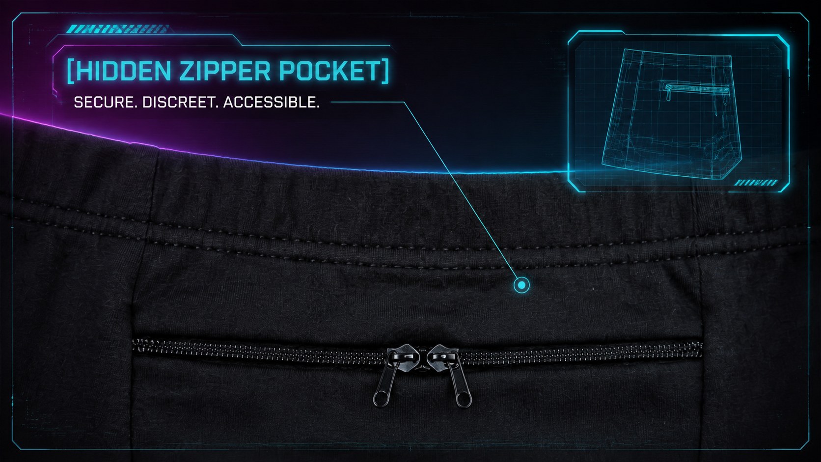 Close detail of the covered dual-pull zipper