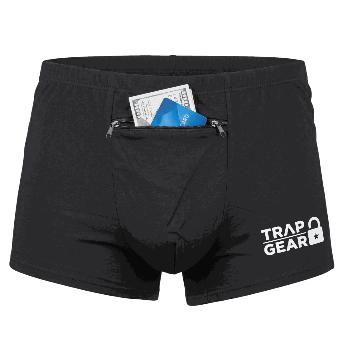 Boxer briefs with cash and a card in the zipper pocket
