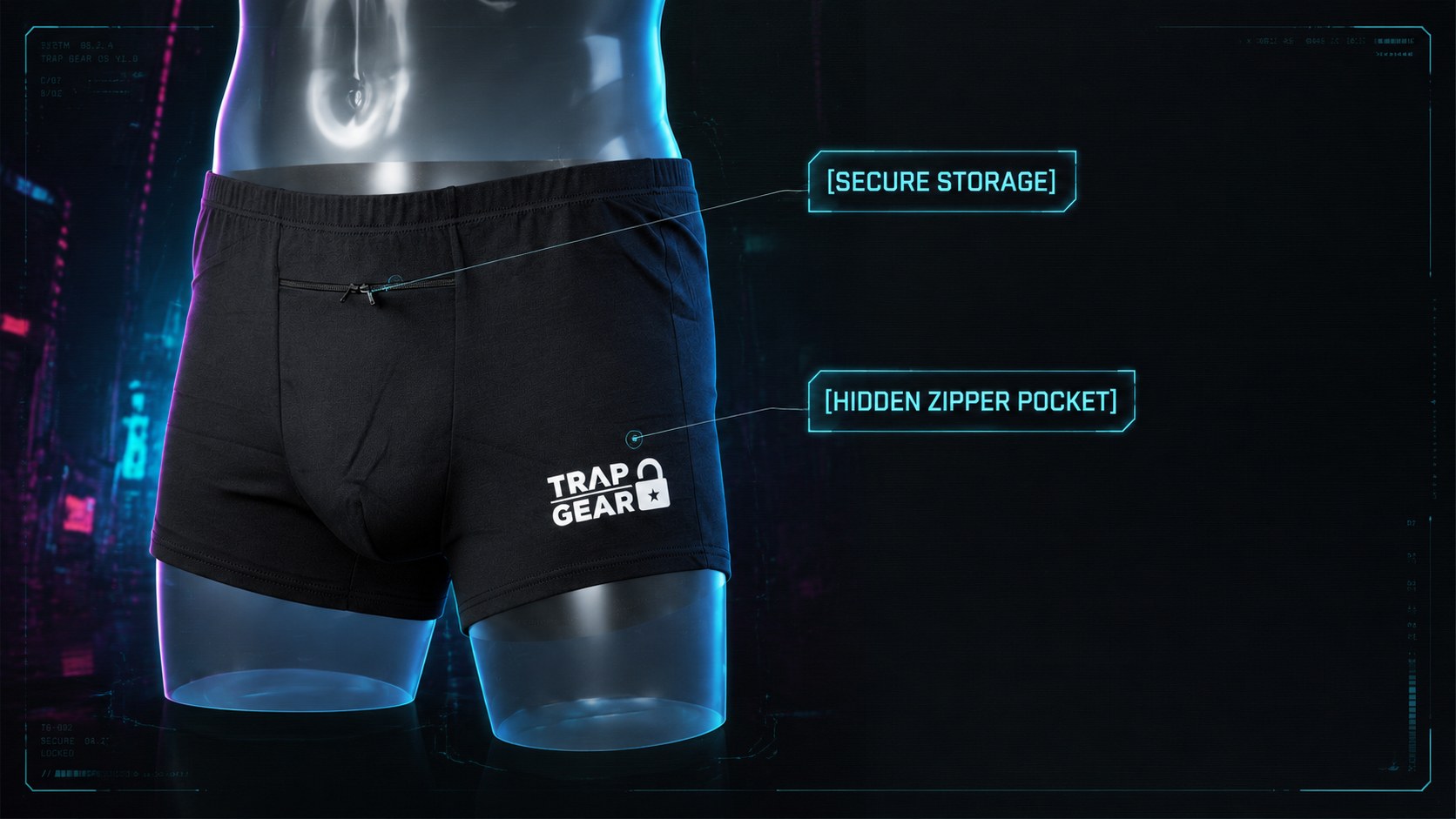 Trap Gear boxer briefs displayed with hidden zipper pocket callouts